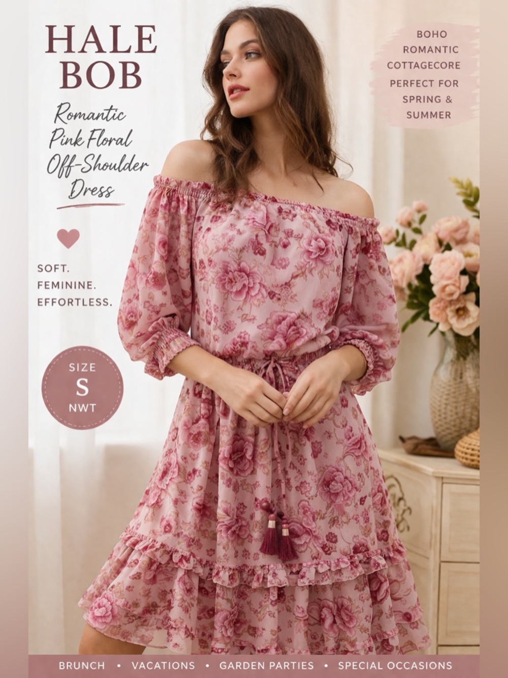 Hale Bob Off Shoulder Floral Dress Small Boho Pink Ruffle Mini NWT